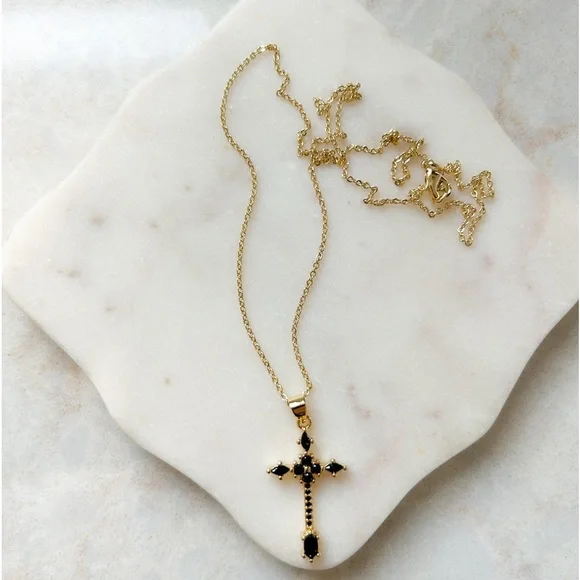 Black CZ Cross Necklace | 14k Gold Filled - Picture 2 of 9